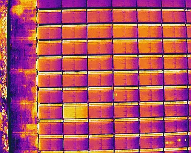 Thermal drone image of solar modules showing temperature variation